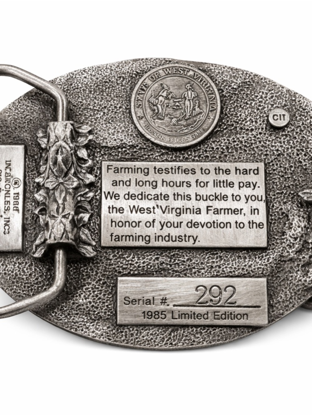 West Virginia Farmers 1986 Commemorative Belt Buckle - Silver Tone - Picture 2 of 2